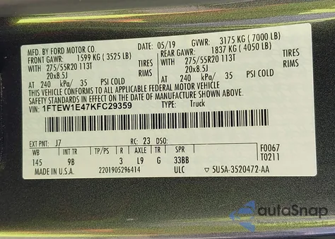 2019 Ford F-150 Platinum z USA, uszkodzony, nr VIN 1FTEW1E47KFC29359